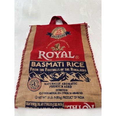 Royal Basmati Rice Burlap Tote Bag Reusable Zippered Market Sack Red Tan 18x13.5