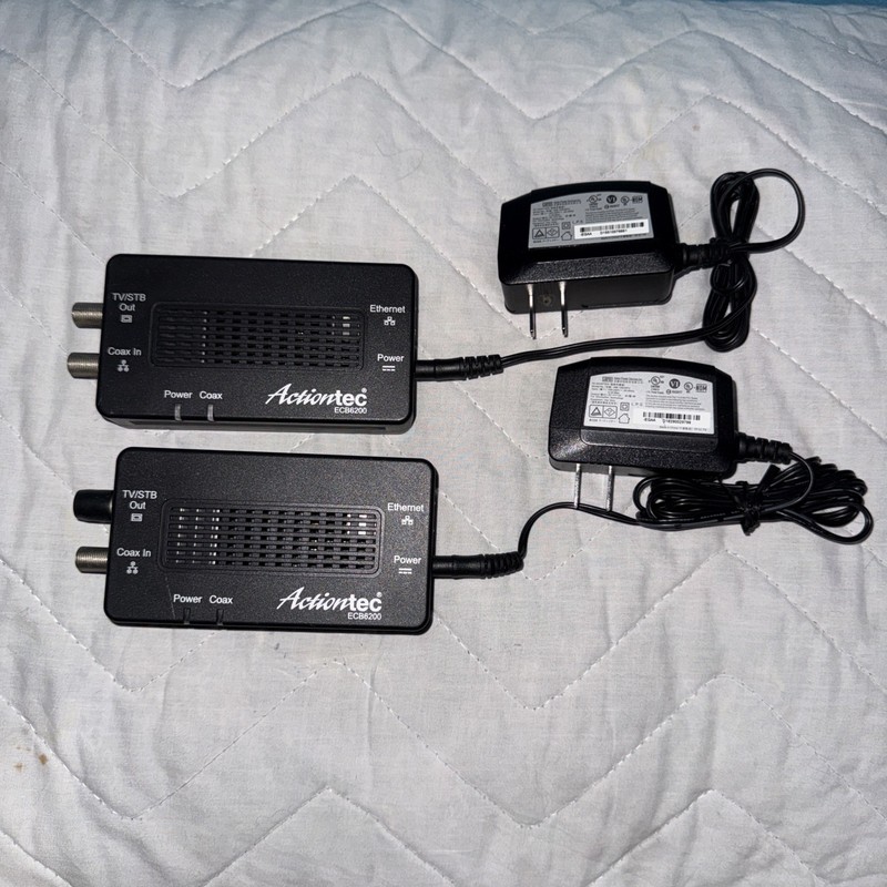 Used pair of Actiontec ECB6200 MoCA 2.0 Ethernet to Coax Adapters with power
