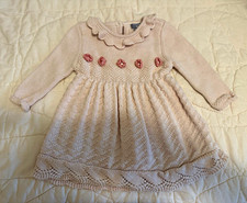 Tahari Baby Girls Beige Pink Knit Sweater Dress Flower Long Sleeve 3-6M