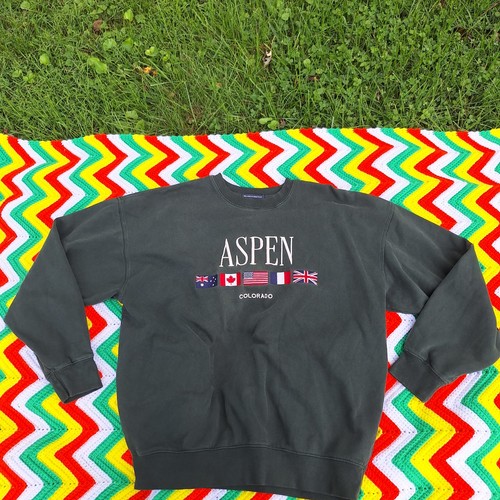 John Galt Brandy Melville Aspen Colorado Flag Sweatshirt Forest Green Oversized