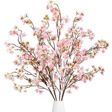 Artificial Cherry Blossom Flowers 4 Pcs Faux Cherry Blossom Stems Faux Silk C...
