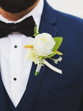 White Wedding Boutonniere Prom Suit Flower Groom Accessories for Men's Lapel