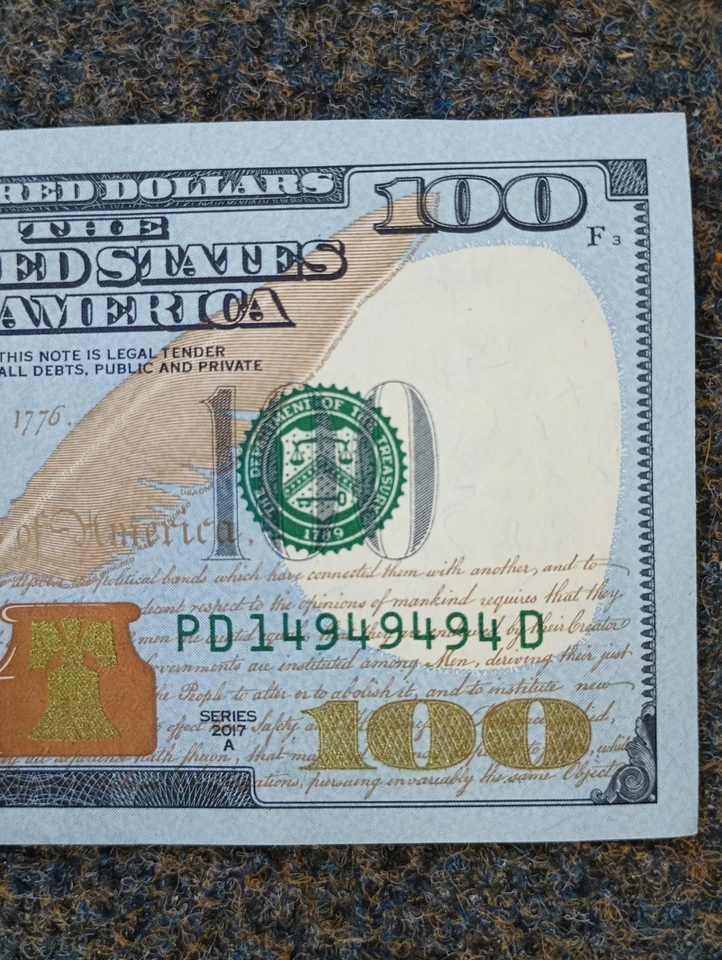 2017 $100 Bill Federal Reserve Note Fancy Repeating Serial Number 14949494 - Image 3 of 4