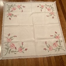 Vintage 38" X 38" Hand Embroidered Tablecloth Table Topper with 1" Lace Edge