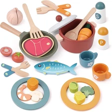 Wooden Play Kitchen Accessories - Pretend Play Food for Toddlers with Dishes Pot