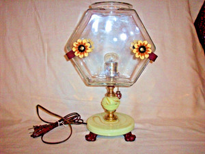 ANTIQUE VINTAGE FISH BOWL & HOLDER ART DECO HOUZE GLASS URANIUM LIGHT CAST IRON