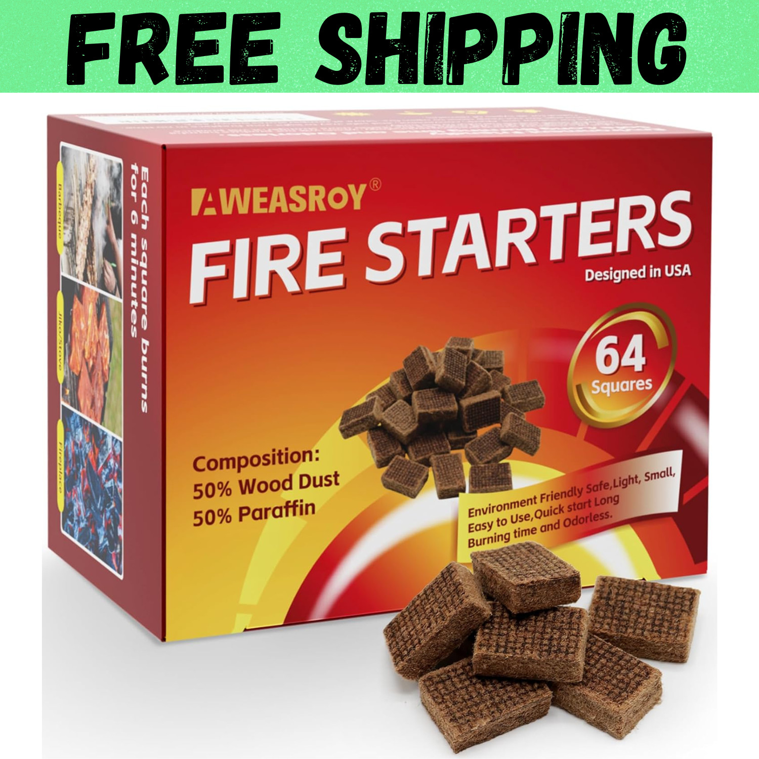 Fire Starter Squares 64, Odorless Fire Starters for Fireplac