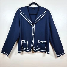 Escada Virgin Wool Nautical Sweater Blazer Sz 46 EU XL Navy White Preppy Classic