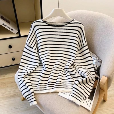 Weißer Gestreifter Pullover Weich Marinière Stil Casual Chic CF58058