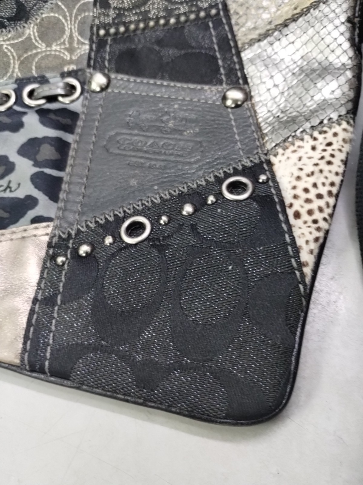 Coach Patchwork Signature Black Gray Leather Canv… - image 5