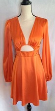 Kounai Mini Dress Orange Satin Sz Small Deep V-Neck Lantern Sleeve Front Cut Out