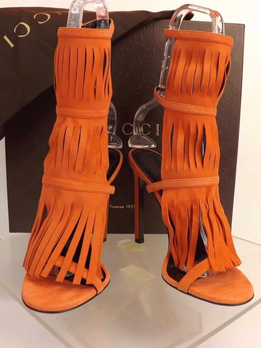 NIB GUCCI DARK ORANGE SUEDE FRINGE BECKY GLADIATOR HEEL TALL