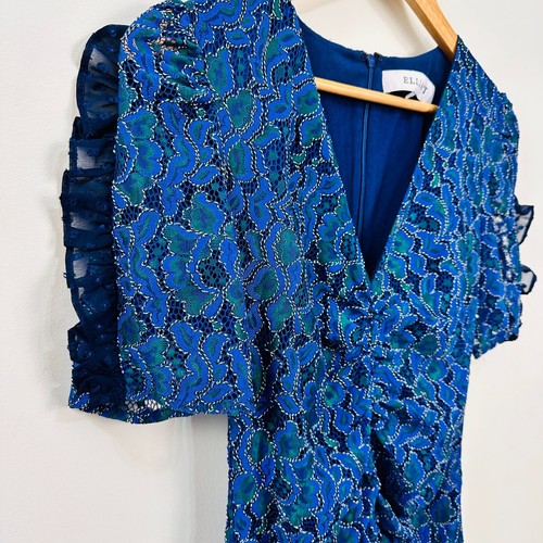 Elliatt Paradise Dress Floral Lace Detail Ruched Center Neck Hem Frill Hem S - Picture 11 of 24