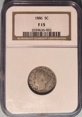 1886 Liberty Nickel Key Date NGC F15 — 3,326,000 Minted