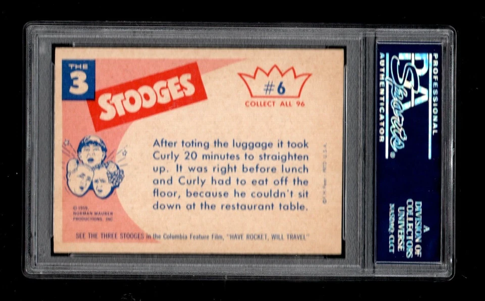 1959 Fleer Three Stooges #6 Hey Moe, Don't you think there's room for  PSA 9 - Image 2 of 2
