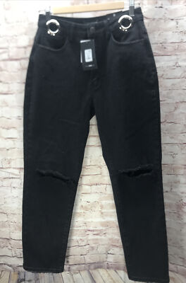Fashion Nova Chain That Attitude Boyfriend Jeans Size 9 Black Factory Destroyed