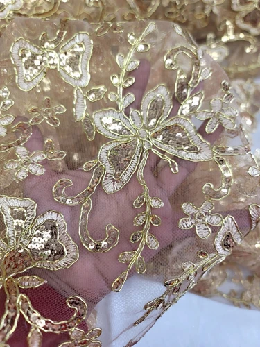 Gold Butterfly Design Lace Embroidered Sequins Fabric Sold By The Yard Prom image 13