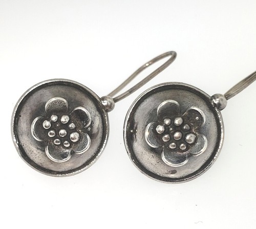 vtg 925 Sterling Silver Dome modern Flower Floral Earrings GRAS Israel - Picture 8 of 9