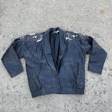 Vtg Man Art Black Leather Oversized Jacket Beaded & Sequin Batwing/dolman Sz S