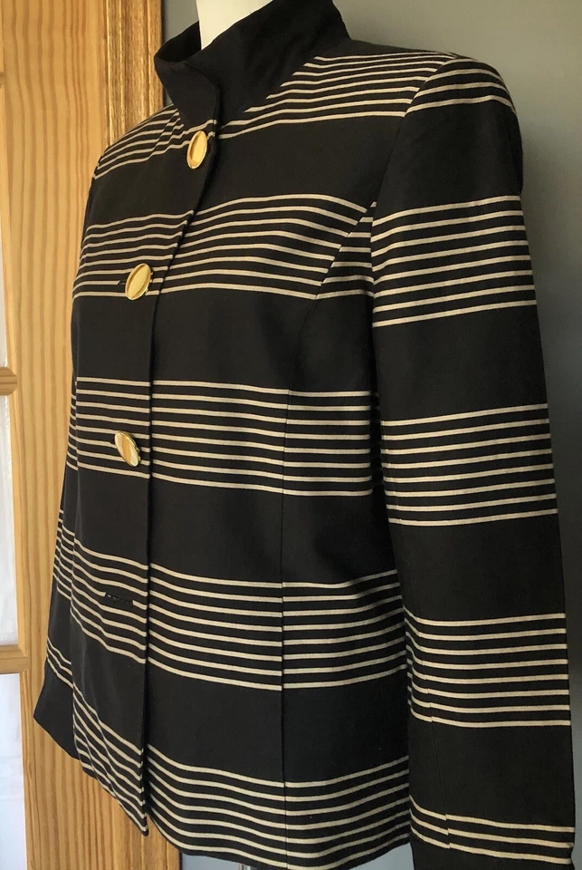 Y2K Jones носить в полоску Blazer куртка женщин Sz M на пуговицах черное золото Academia - Изображение 2 из 4