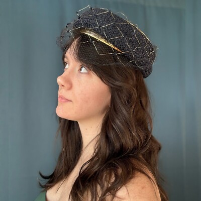 Antique straw pillbox hat Vintage Straw Pillbox Hat With Veil, 1950s-1960s Hat  main image 4