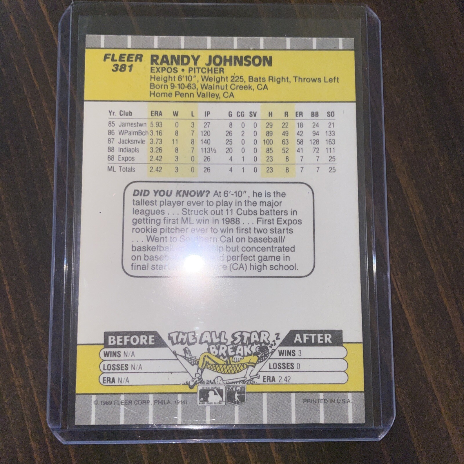 RANDY JOHNSON RC 1989 FLEER #381 ROOKIE MARLBORO ERROR VARIATION BLACK ...