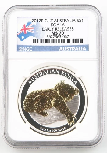 2012-P Australia Dollar 1oz Gilded Silver Koala NGC MS-70 Slabbed Early Releases