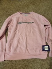 Women's Champion Pink Embroidered Spellout Logo Grey Sweatshirt Size MEDIUM