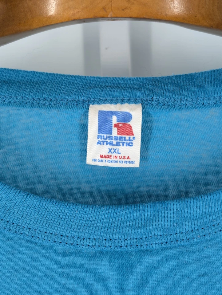 Camiseta Russell Athletic Vintage Papel Fina 5050 Azul Aqua EE. UU. 2XL Desteñida Foto 3 de 4