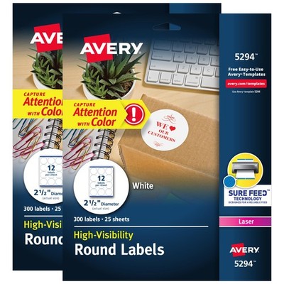 Avery High Visibility Printable Round Labels Sure Feed 2.5 Diameter White Laser