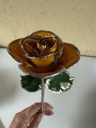 Yellow Lacquered Real Rose with Silver Trim - 12" Preserved Everlasting Flower