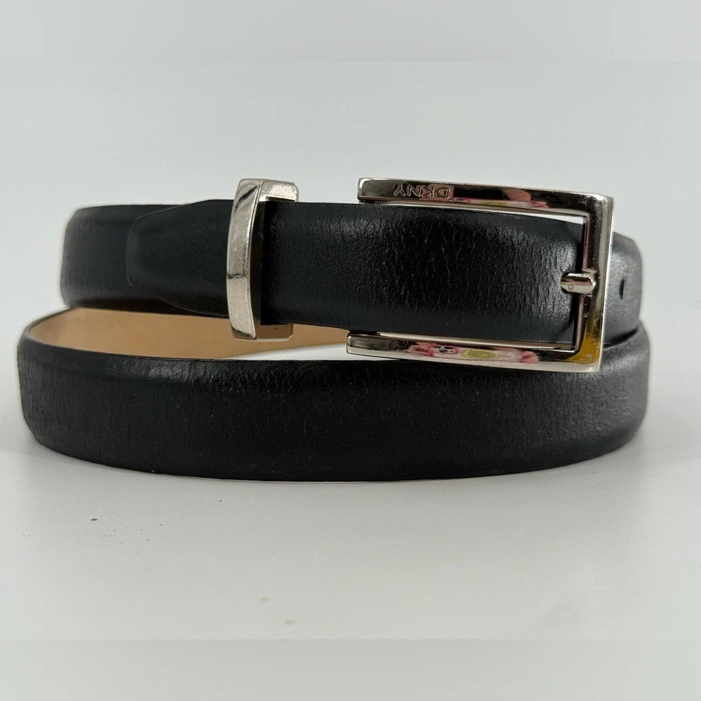 Vintage 90\'s DKNY Black Leather Belt Silver-Toned Rectangular Buckle Medium M Dkny | Accessories | Dkny Leather Belt Western Black Buckle  main image 2