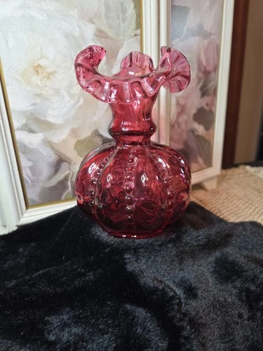 Fenton Cranberry Glass Vase 5 Inch Vintage Ruffled Top Art Glass