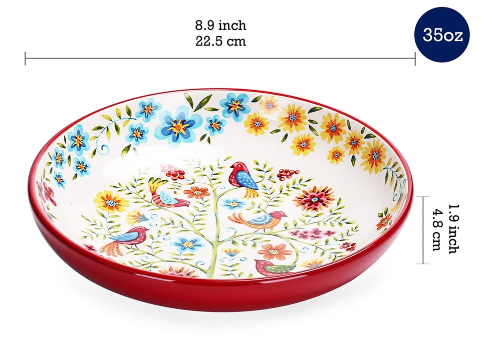 Cuencos para pasta Red Spring Bird, juego de 4 ensaladeras de 35 oz, servicio grande de cerámica... Foto 2 de 3