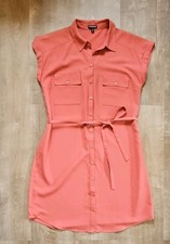 Express Coral Belted Button Front Collared Sleeveless Shirt Dress Short M