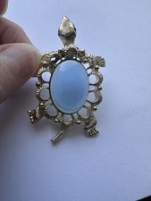 VTG Blue Turtle Brooch Figural Sea Life Gold Tone Cabochon Pin