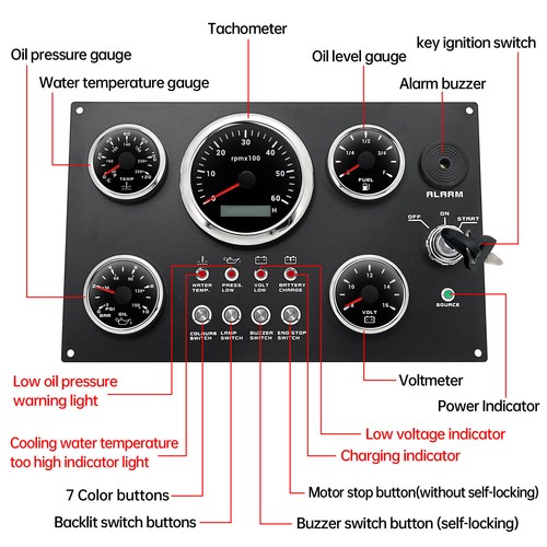 5 Gauge Set with Instrument Panel 0-6000RPM 7 Colors LED For Marine Boat Yacht - Picture 3 of 13