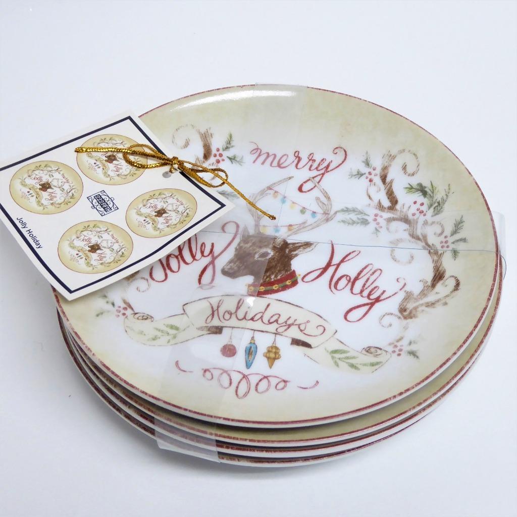 222 Fifth JOLLY HOLIDAY Reindeer Appetizer Plate Set of 4 NWT Vintage
