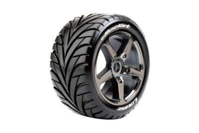 T-Rocket 1/8 Off-Road Truggy Tires, 0 Offset, 17mm on Black Chrome Spoke Rim, Fr