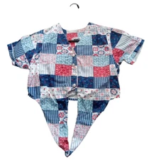 VTG Crop Top  Hippie Boho Patchwork Bandana Flower Print  Waist Ties Gitano Sz M