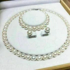 New AAA 8-7MM AKOYA WHITE PEARL NECKLACE BRACELET EARRING SET 14K GOLD