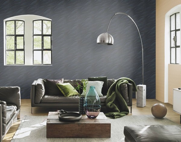 Vliestapete Rasch Struktur Muster Wellen Uni Blau Grau Glanz 608076 (4,30€/1Qm)-image