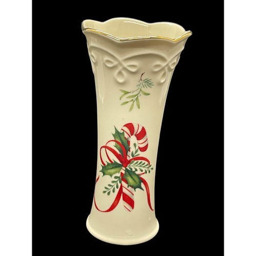 Vtg. Lenox Handcrafted Porcelain Christmas Vase With Candy Cane Holly Design 5”