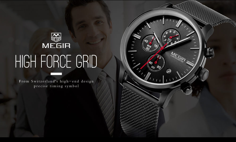 Montre de luxe classique Megir homme finitions acier et cuir véritable