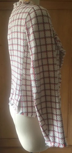 Chaqueta Blazer ZARA Blanca Negra Roja Panel de Ventana Flecos Borde Crudo Cremallera Bolsillo PEQUEÑA - Imagen 3 de 10
