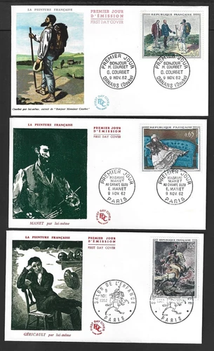 France 1962 Paintings set of 3 FDC First Day covers wi thermographic catchets