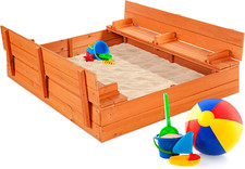 Kids Large Cedar Wooden Sandbox for Backyard Outdoor Play 2 Foldable Bench Seats