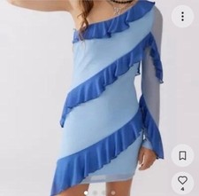 Urban Outfitters Blue and Light Blue One Shoulder Ruffle Dress NWT Size Large