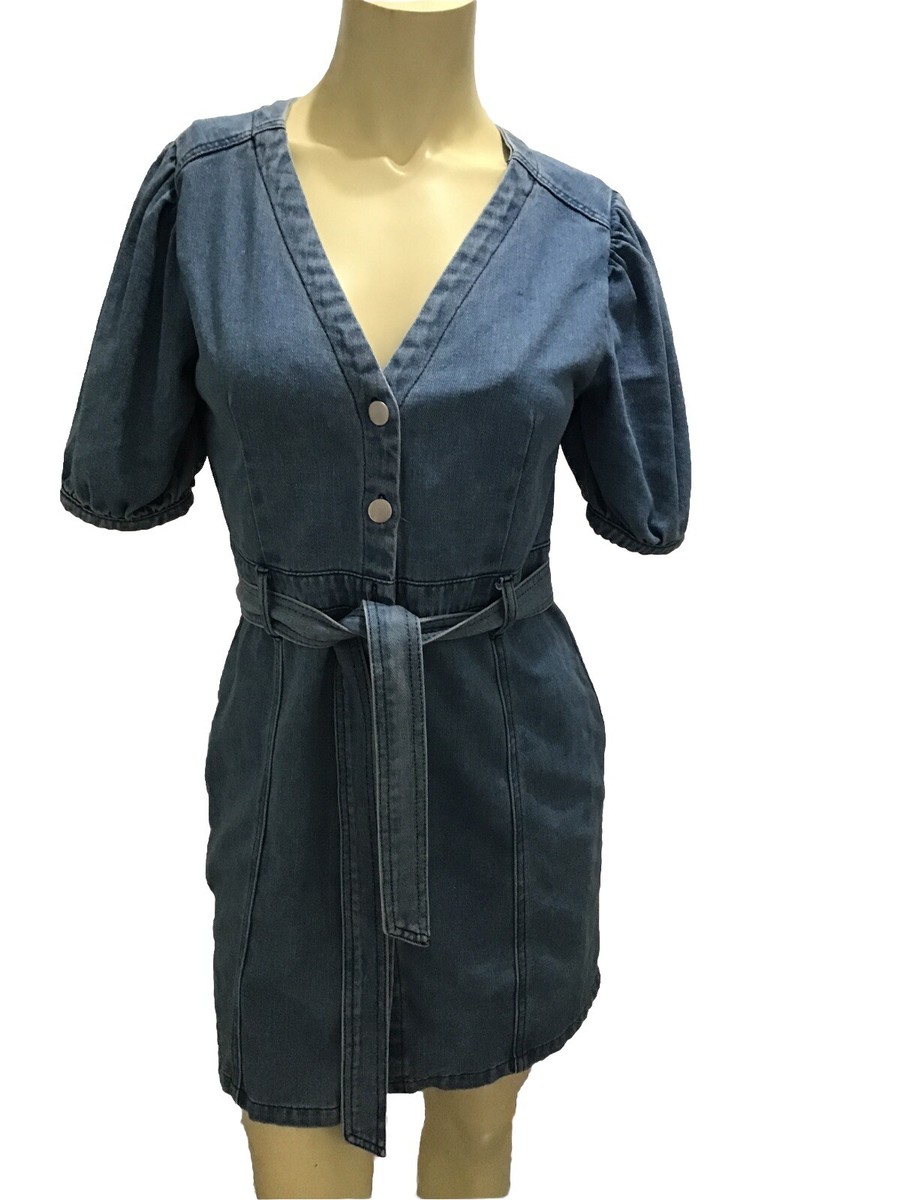 denim dress francesca's MIAMI FOR FRANCESCAS WOMENS DENIM BLUE SHORT SLEEVE BELTED DRESS-S