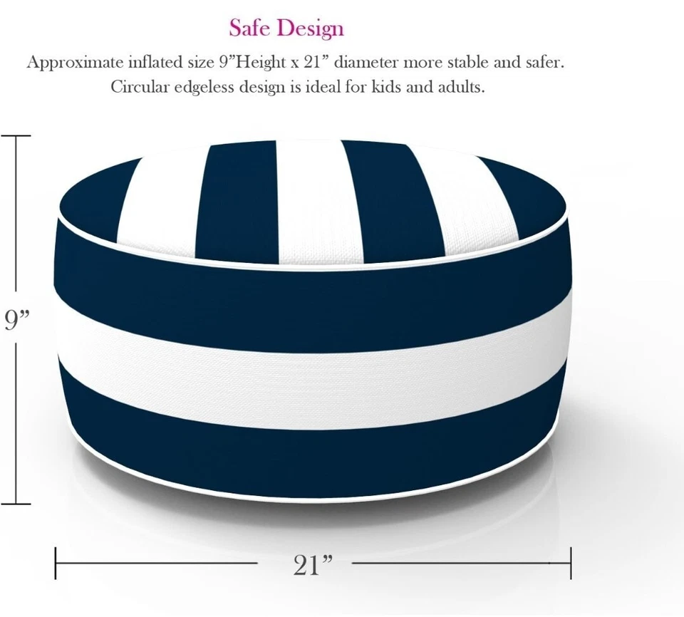 Navy Stripe Inflatable Footstool Ottoman Round 21x9 Inch Portable Foot Rest - Image 4 of 4